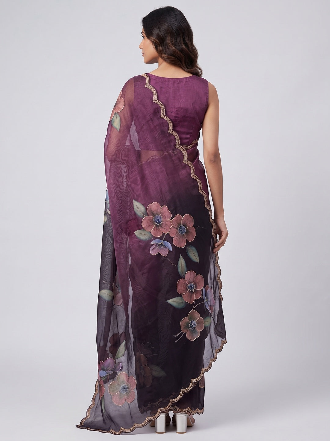 Wine Floral Printed Chanderi Cotton Embroidered Saree Perfect for Festive - Image 3