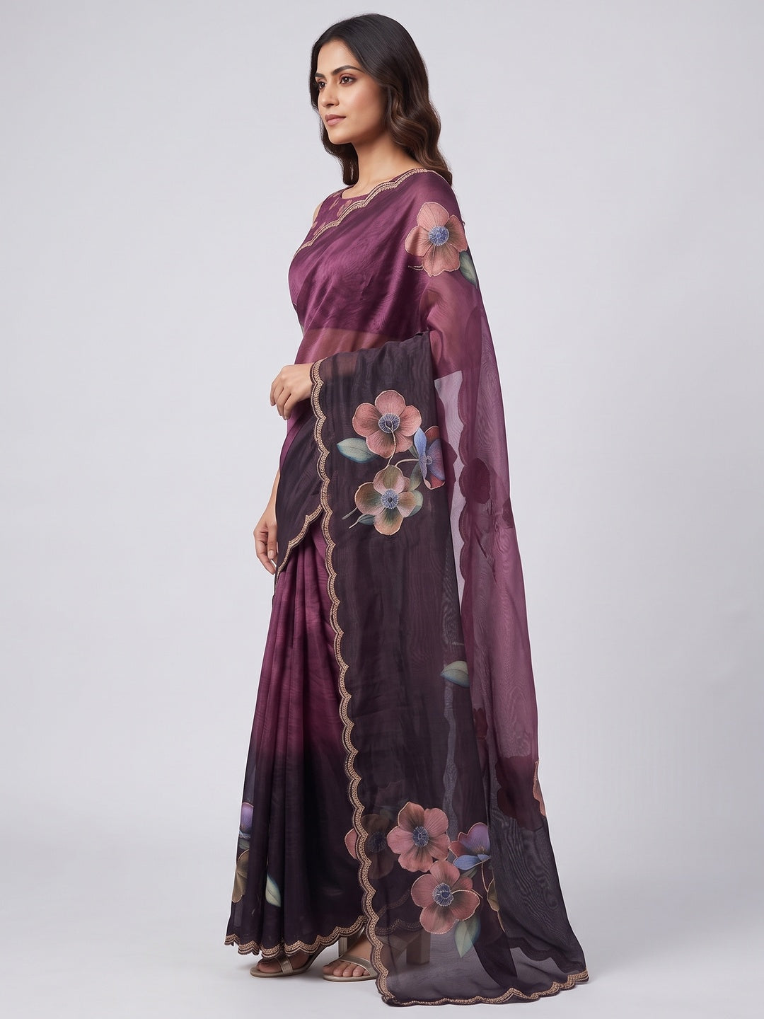 Wine Floral Printed Chanderi Cotton Embroidered Saree Perfect for Festive - Image 4