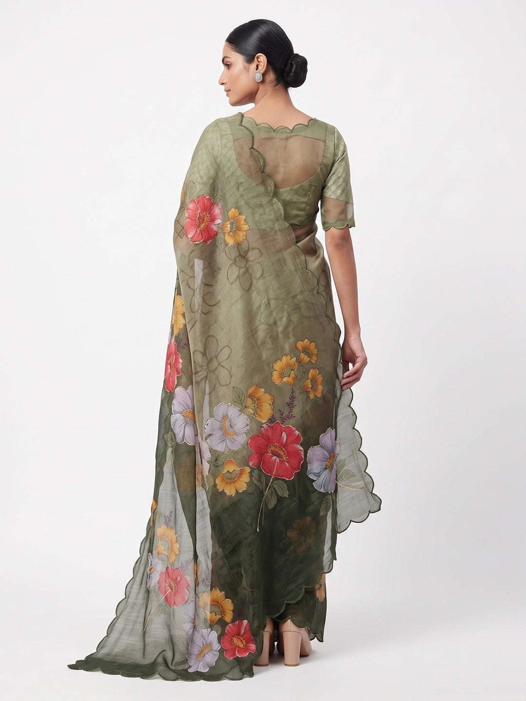 Green Floral Printed Chanderi Cotton Embroidered Saree Perfect for Festive - Image 5