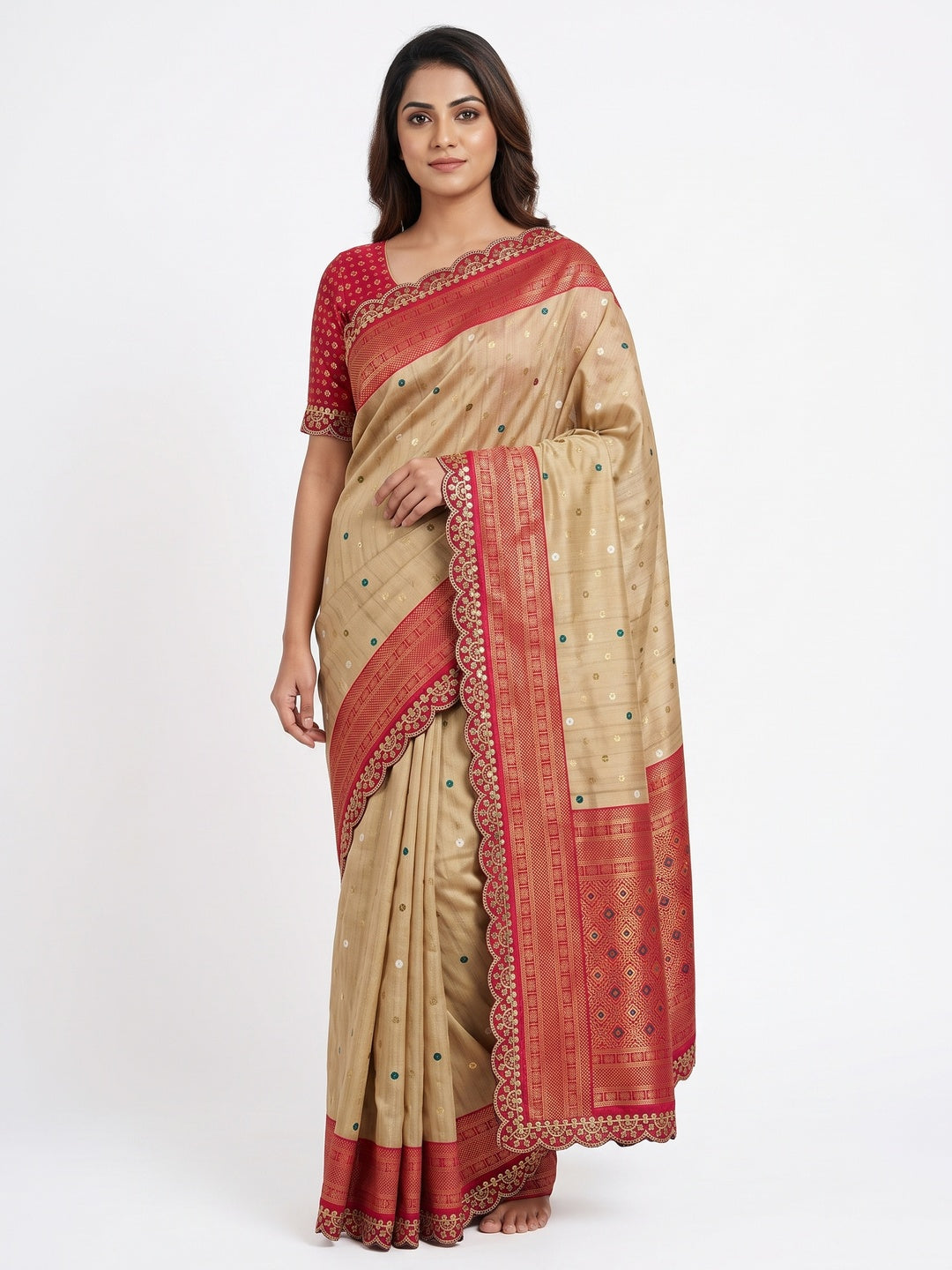 Chikoo & Pink Foil Printed Dola Silk Saree With Sequins Embroidered Border - Image 1