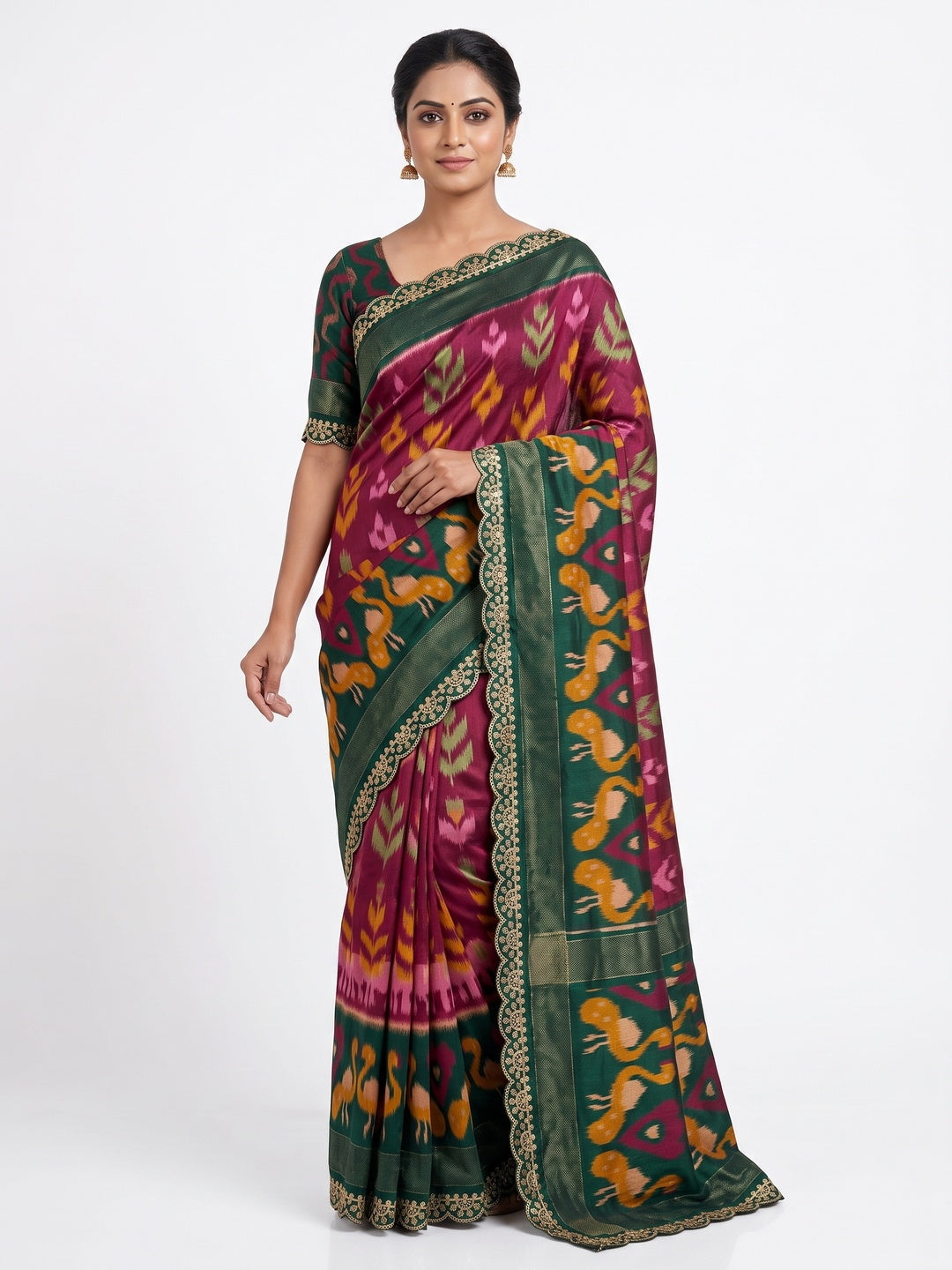 Wine & Green Ikkat Printed Dola Silk Saree With Sequins Embroidered Border - Image 1