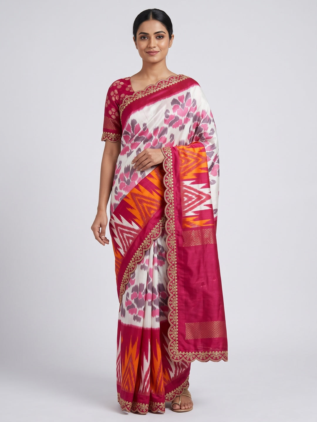 White & Pink Ikkat Printed Dola Silk Saree With Sequins Embroidered Border - Image 1