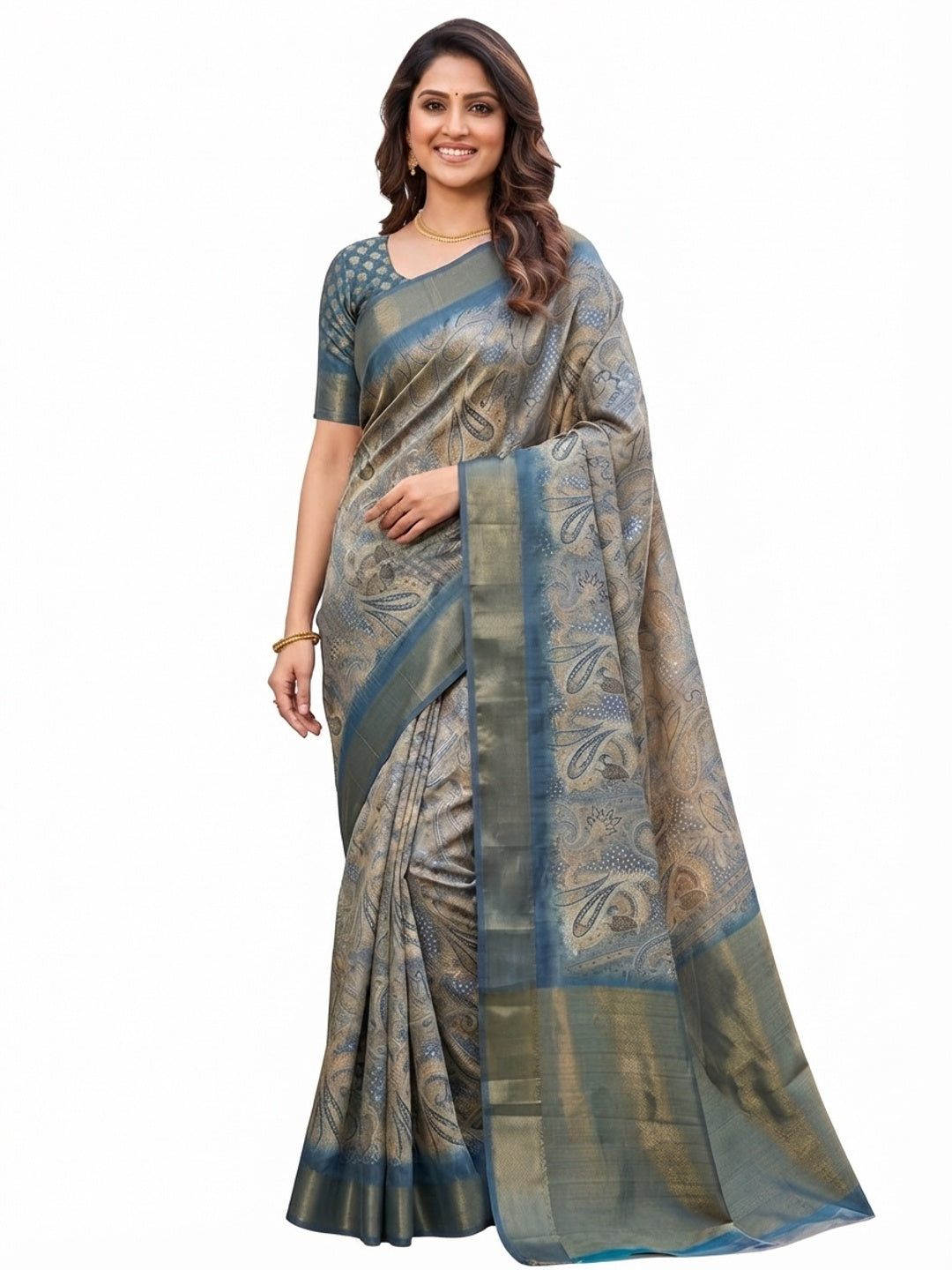 Festive Grey Silk Blend Saree with Subtle Floral Print and Shimmering Zari Border - Image 3