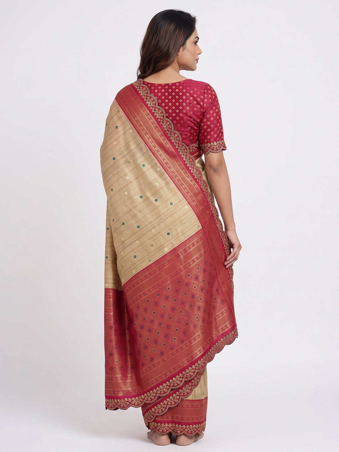 Chikoo & Pink Foil Printed Dola Silk Saree With Sequins Embroidered Border - Image 2