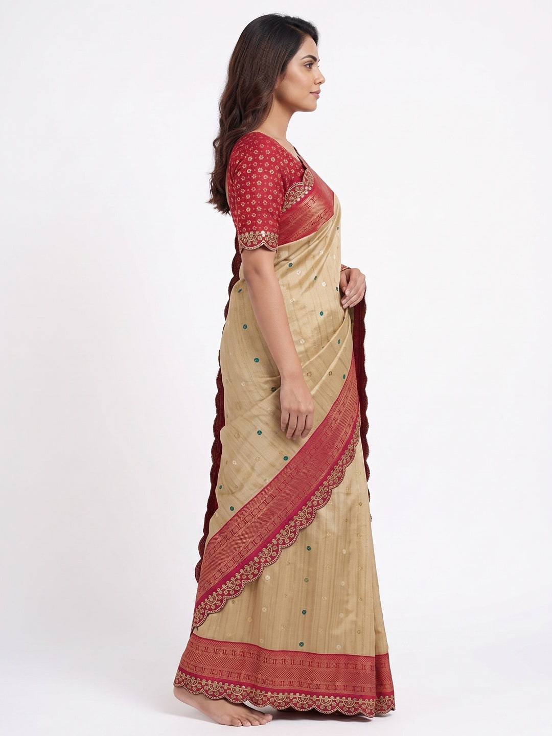 Chikoo & Pink Foil Printed Dola Silk Saree With Sequins Embroidered Border - Image 3