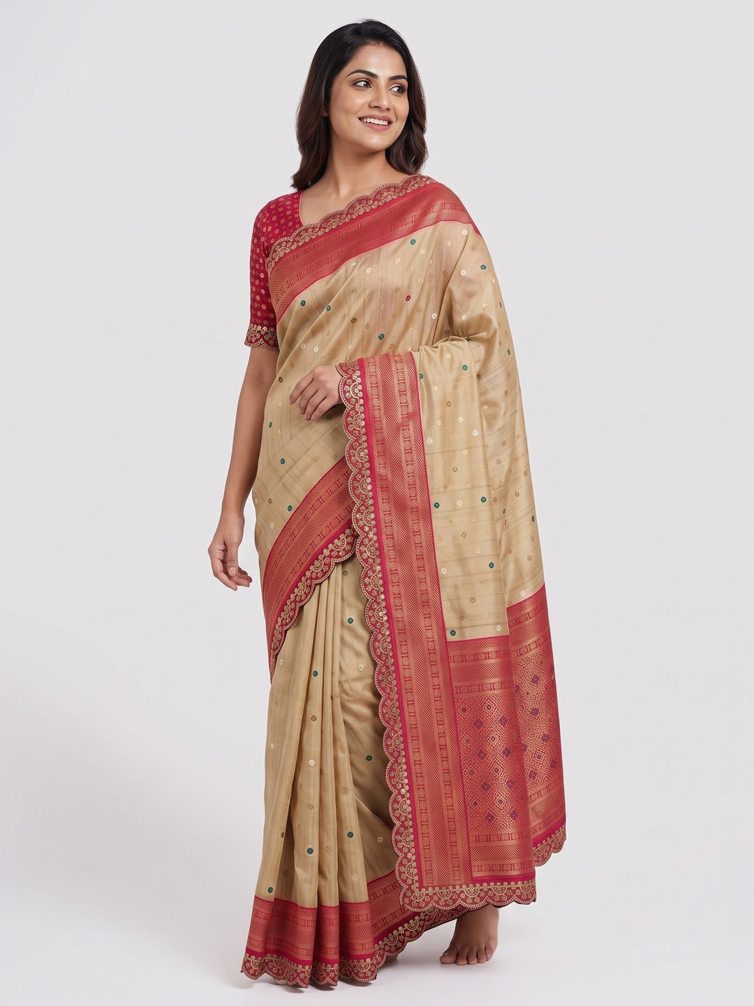 Chikoo & Pink Foil Printed Dola Silk Saree With Sequins Embroidered Border - Image 4