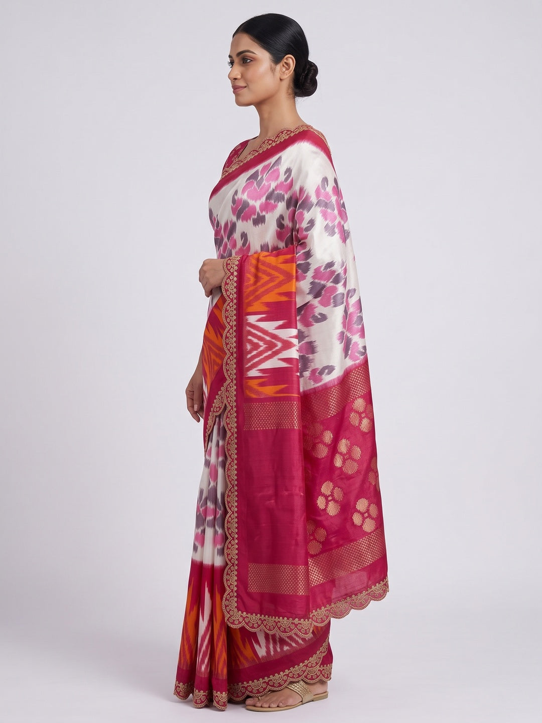 White & Pink Ikkat Printed Dola Silk Saree With Sequins Embroidered Border - Image 3