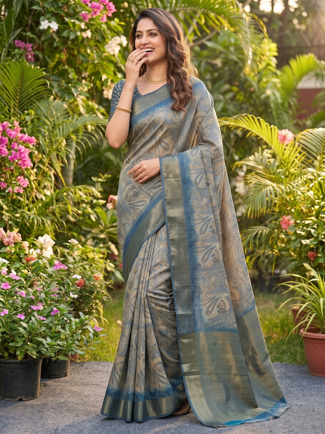 Festive Grey Silk Blend Saree with Subtle Floral Print and Shimmering Zari Border - Image 6