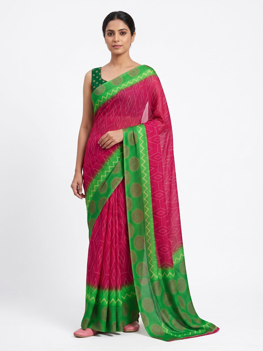 Pink Geometric Printed Chiffon Saree - Image 1