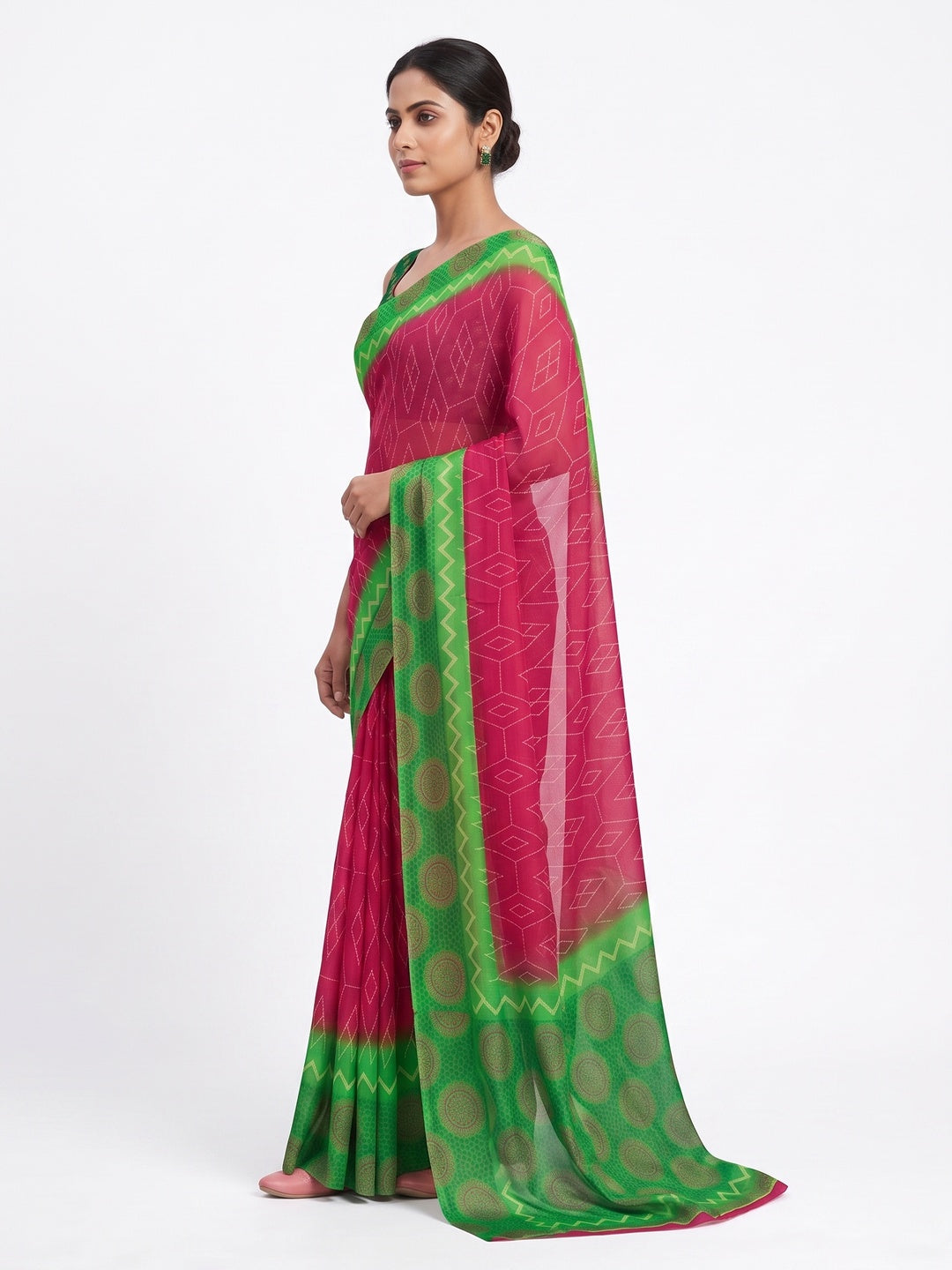 Pink Geometric Printed Chiffon Saree - Image 3