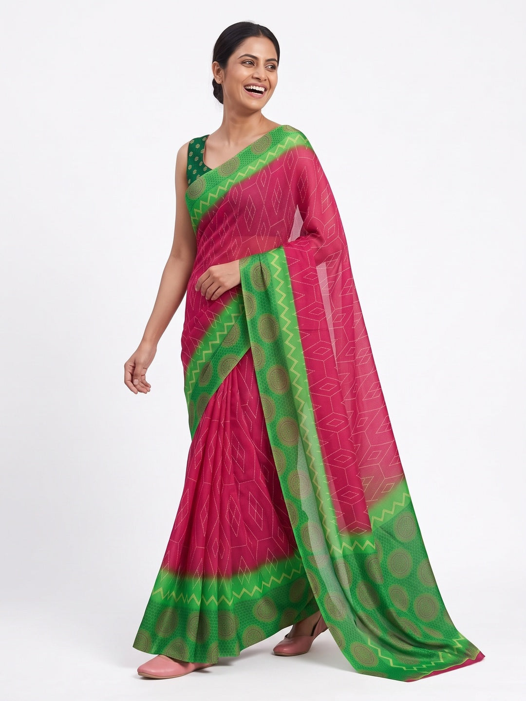 Pink Geometric Printed Chiffon Saree - Image 4