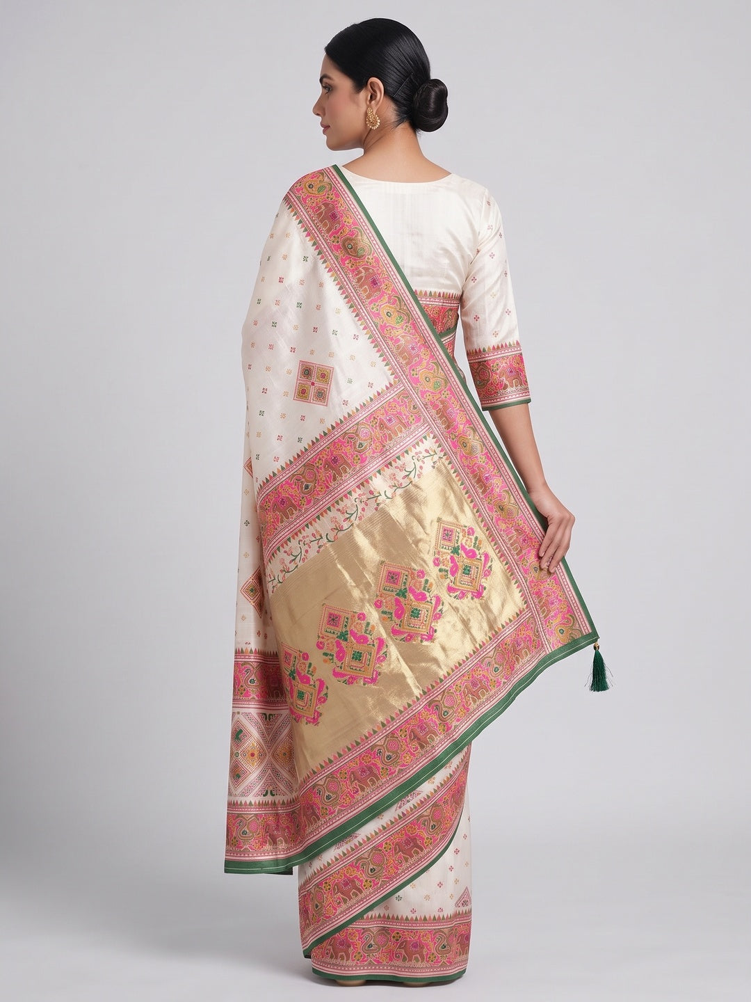 White Floral Printed Cotton Silk Patola Saree - Image 2