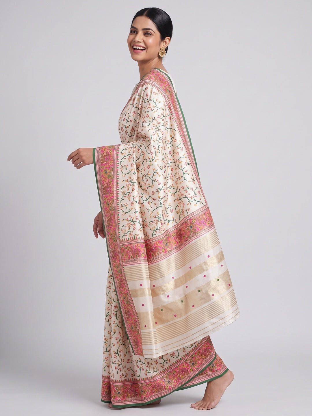 White Floral Printed Cotton Silk Patola Saree - Image 3
