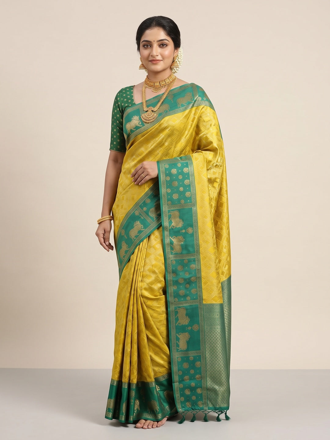 Classic Mustard Zari Woven Kanjivaram Silk Saree With Detailed Animal Motif Border & Tassel Pallu - Image 4