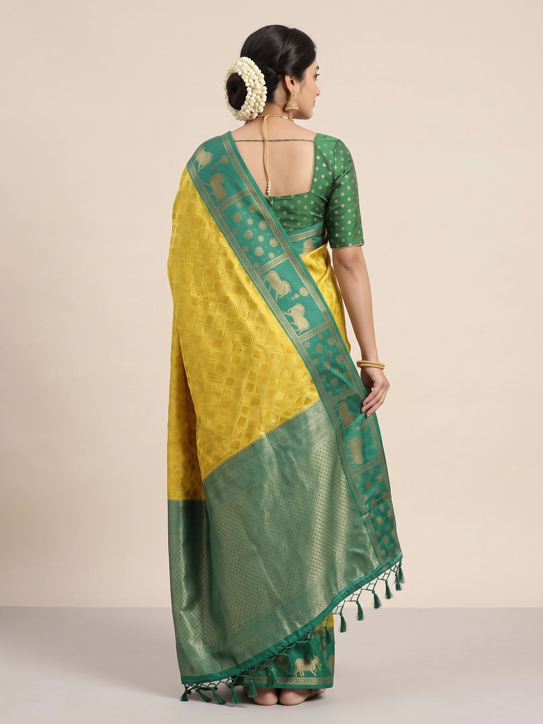 Classic Mustard Zari Woven Kanjivaram Silk Saree With Detailed Animal Motif Border & Tassel Pallu - Image 5