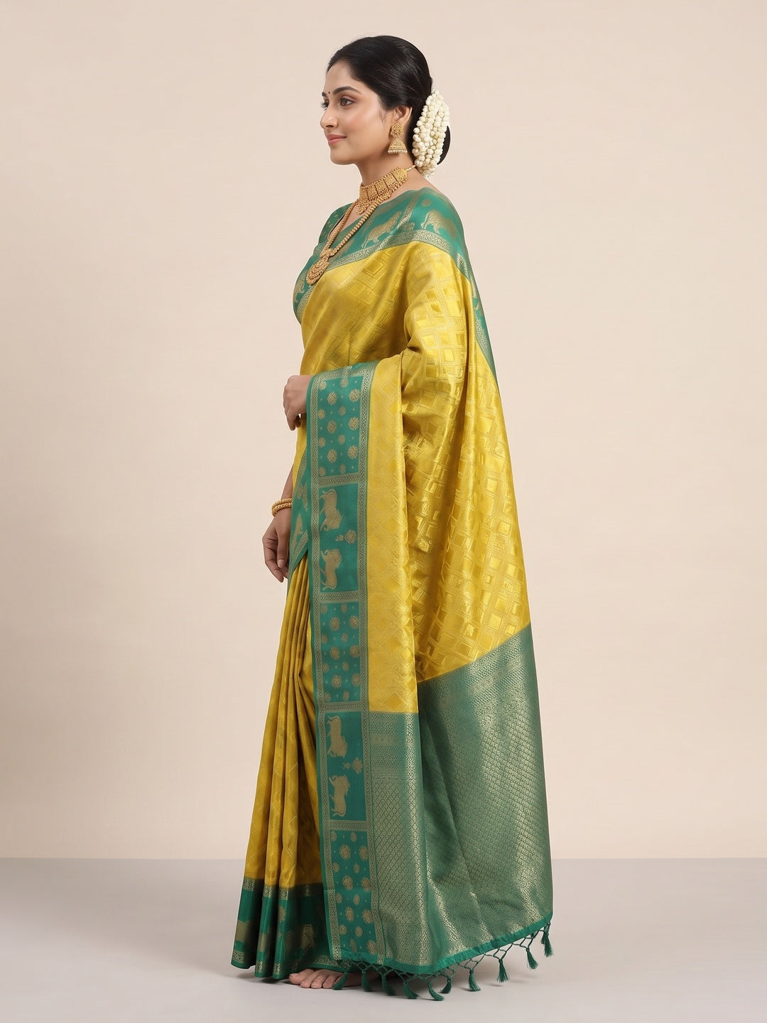 Classic Mustard Zari Woven Kanjivaram Silk Saree With Detailed Animal Motif Border & Tassel Pallu - Image 6