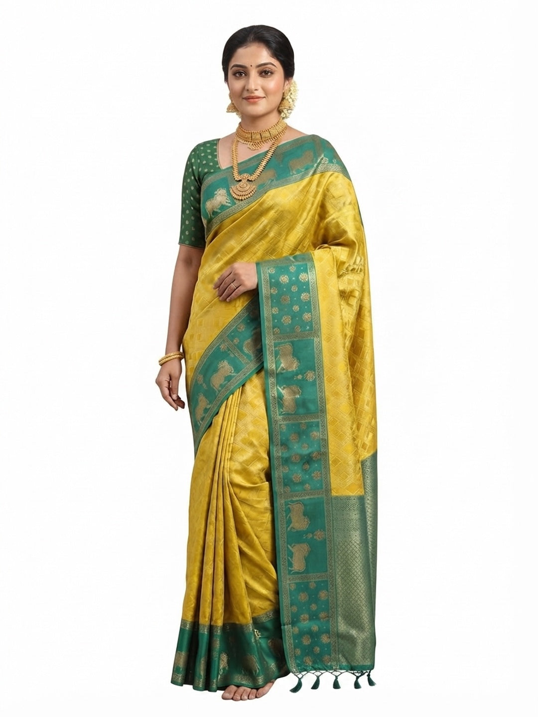Classic Mustard Zari Woven Kanjivaram Silk Saree With Detailed Animal Motif Border & Tassel Pallu - Image 8