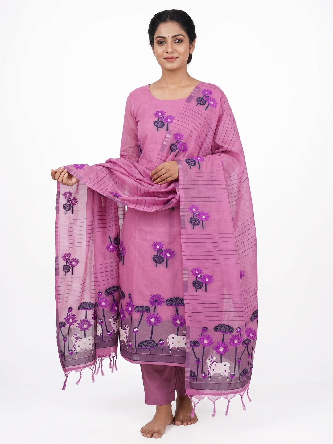 Pink Cotton Blend Dress Material With Intricate Floral Zari Weaving Detail - Image 1