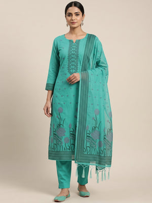 Sea Green Ethnic Dress Material Showcasing Handloom Style Floral Zari Weaving - Image 1