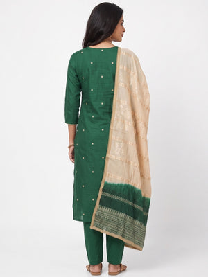 Green Cotton Blend Dress Material Adorned With Elegant Floral Embroidery & Sequins Detailing - Image 2