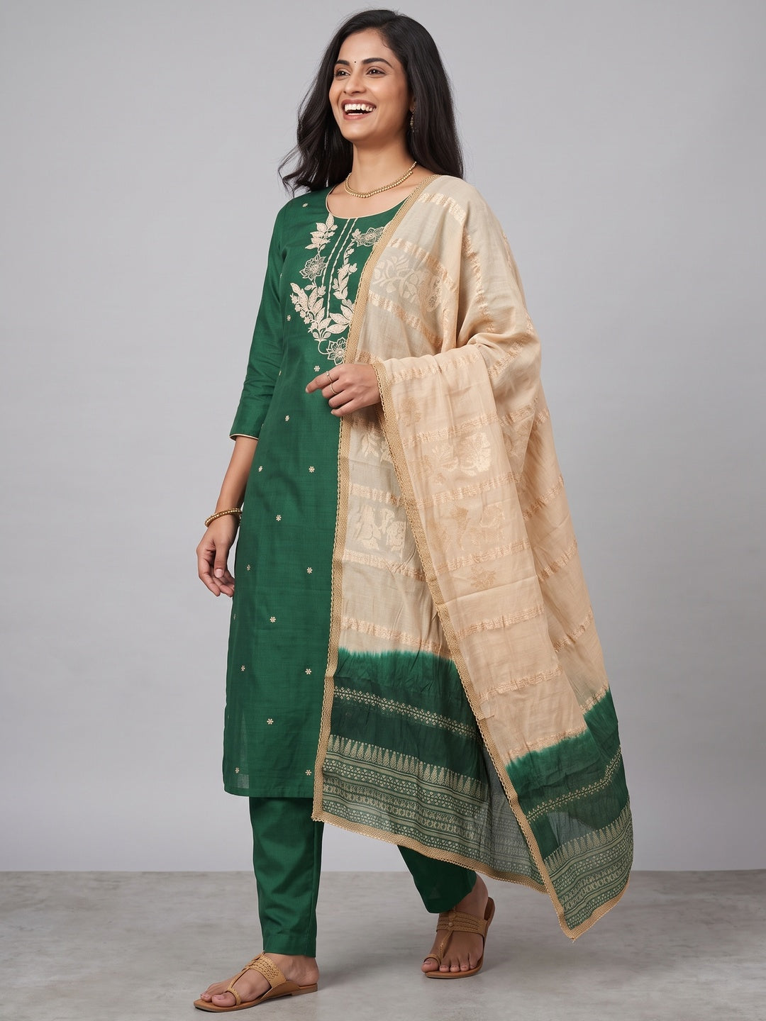 Green Cotton Blend Dress Material Adorned With Elegant Floral Embroidery & Sequins Detailing - Image 4