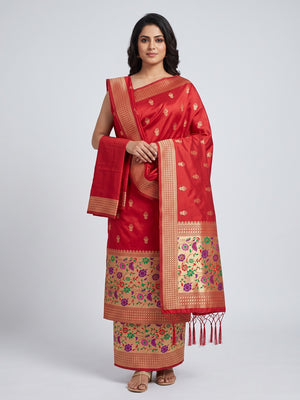 Red Floral Zari Woven Banarasi Silk Dress Material - Image 2