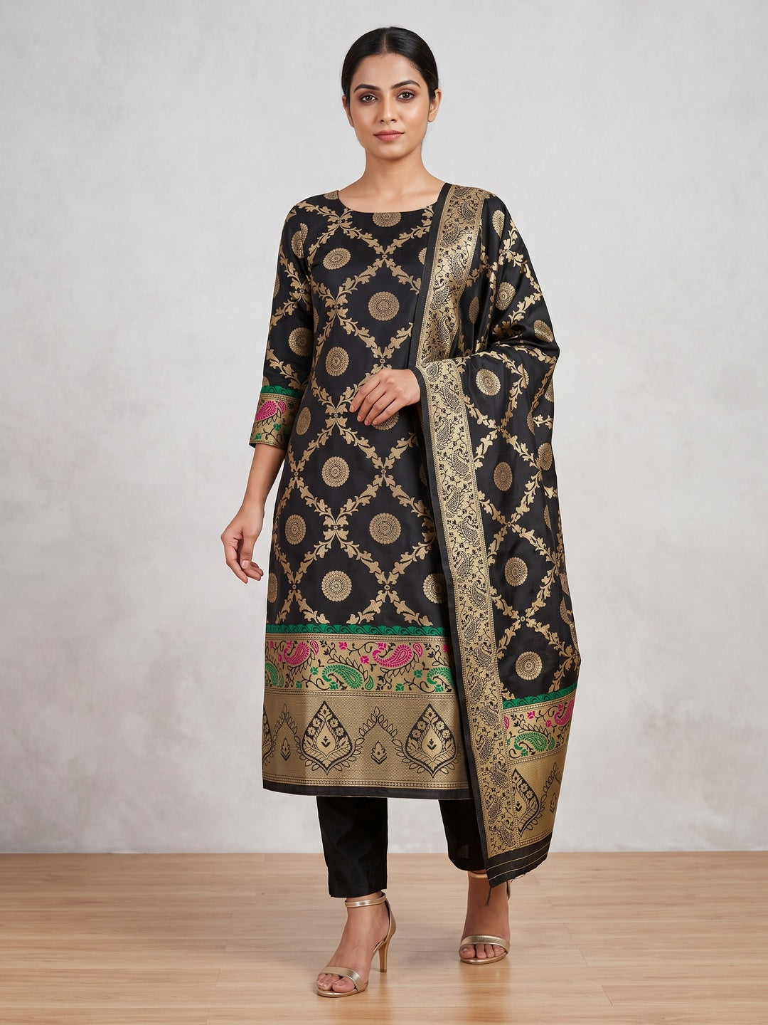 Black Zari Woven Banarasi Silk Dress Material With Elegant Floral Motifs - Image 1