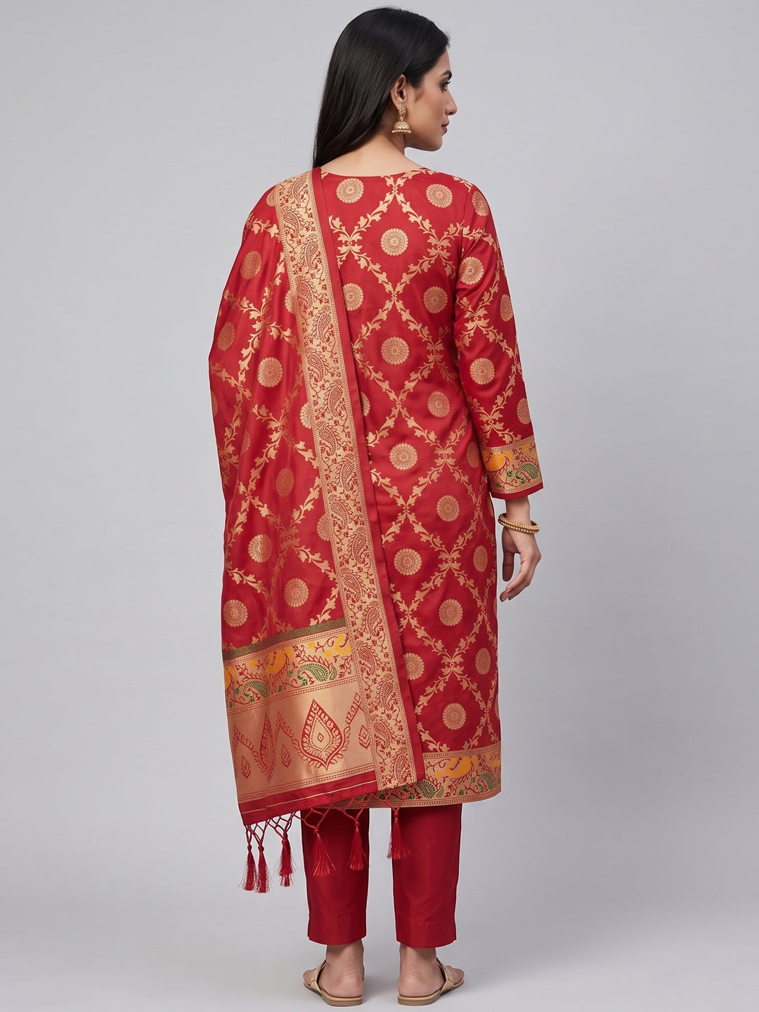 Red Zari Woven Banarasi Silk Dress Material With Elegant Floral Motifs - Image 2