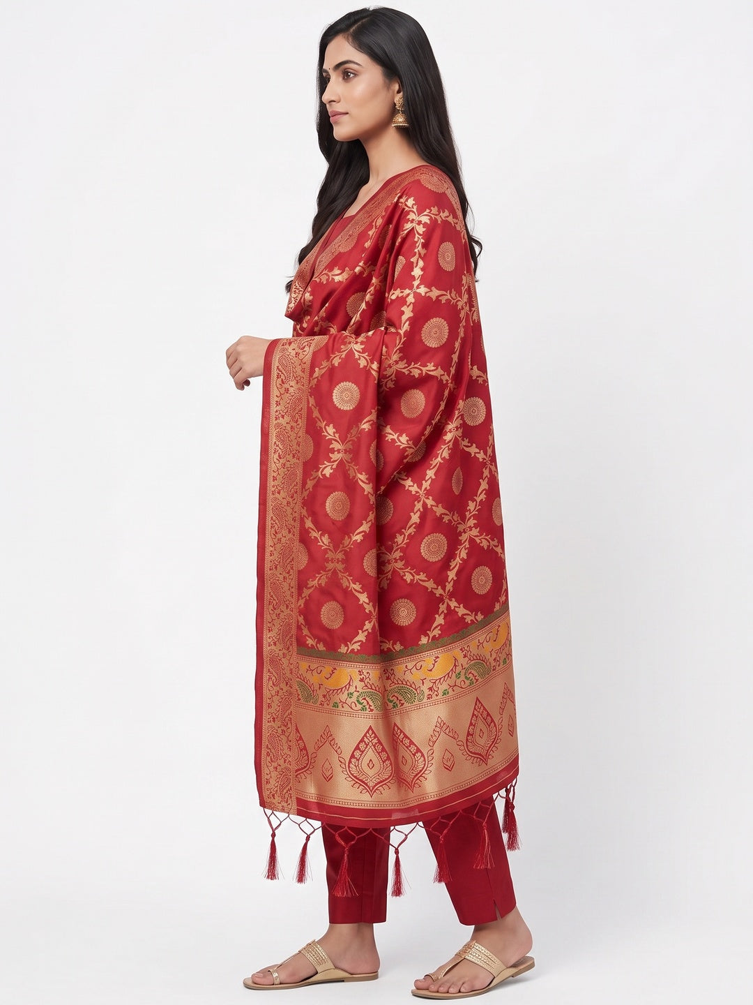 Red Zari Woven Banarasi Silk Dress Material With Elegant Floral Motifs - Image 3