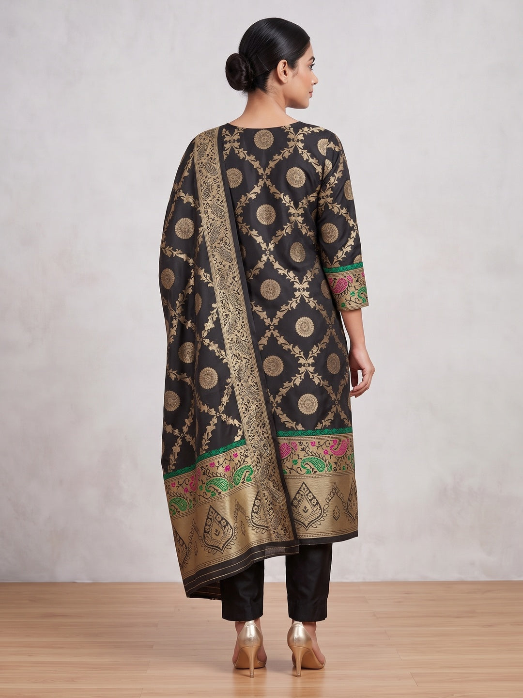 Black Zari Woven Banarasi Silk Dress Material With Elegant Floral Motifs - Image 4