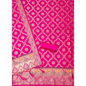 Pink Zari Woven Banarasi Silk Dress Material With Elegant Floral Motifs - Image 1