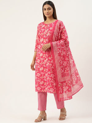 Chic Pink Floral Motif Printed Dress Material for Effortless Elegance - Image 1