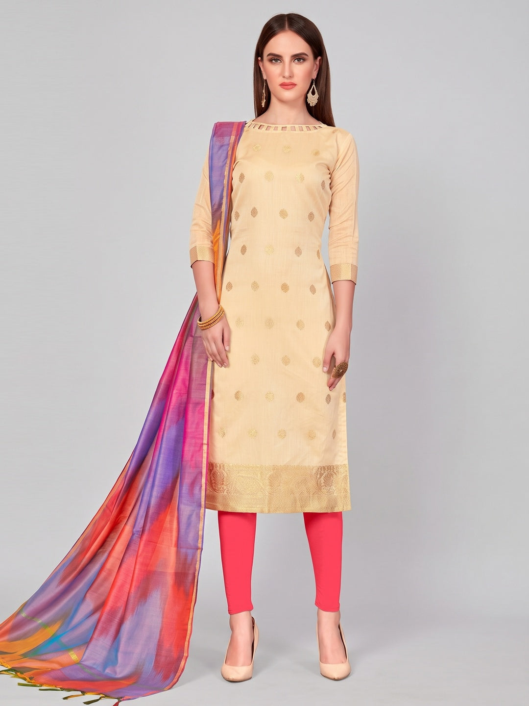 Gorgeous Cream Colored Casual Wear Woven Banarasi Silk Dress Material - Image 1