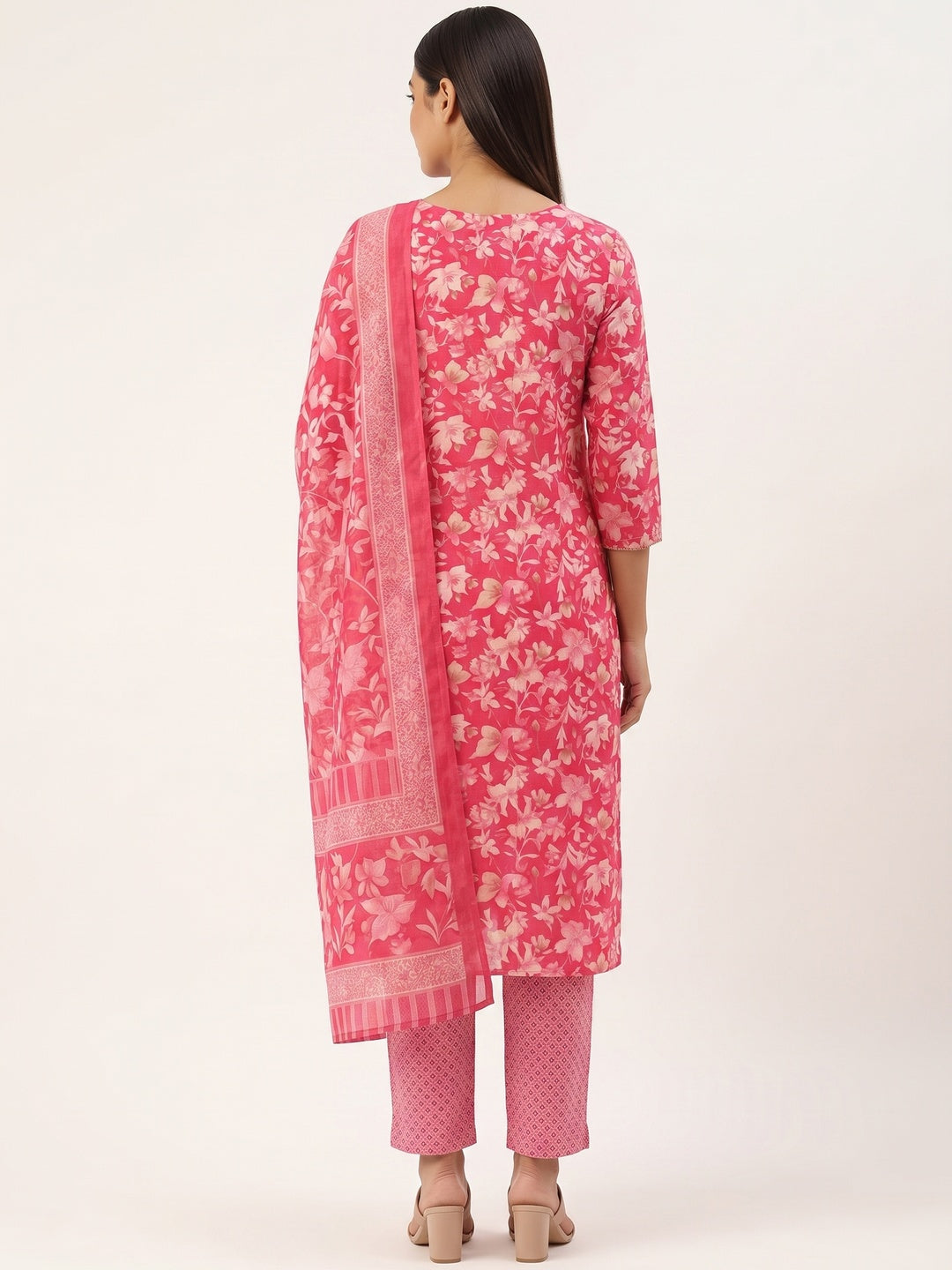 Chic Pink Floral Motif Printed Dress Material for Effortless Elegance - Image 2