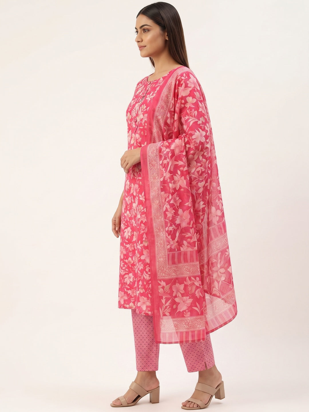 Chic Pink Floral Motif Printed Dress Material for Effortless Elegance - Image 3