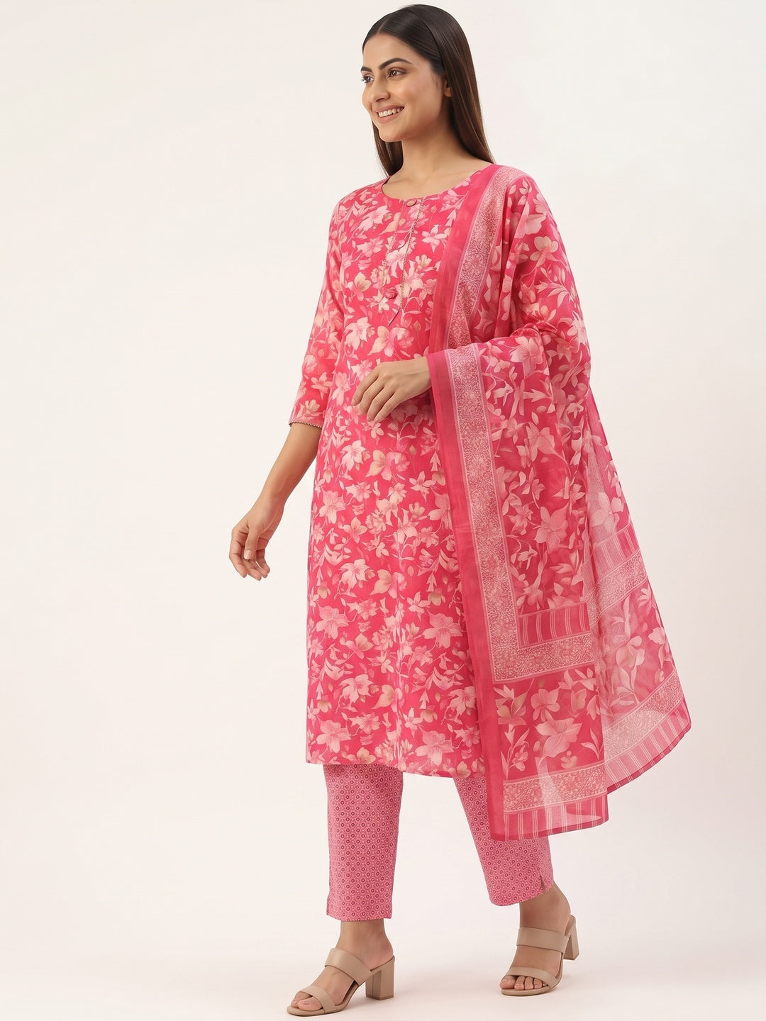 Chic Pink Floral Motif Printed Dress Material for Effortless Elegance - Image 4
