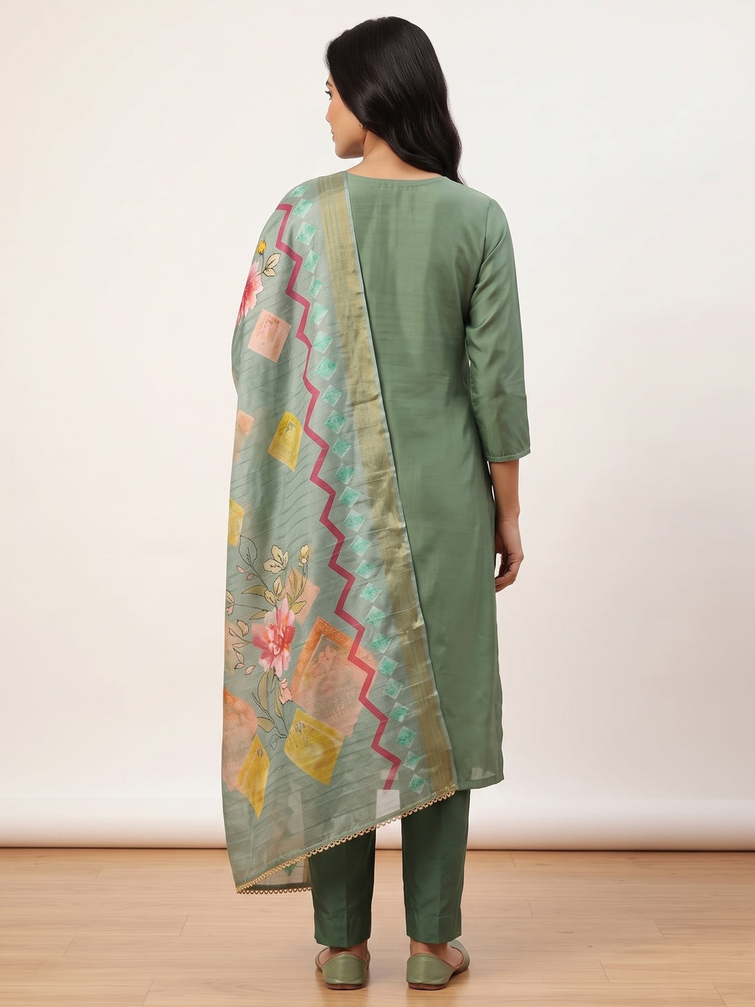 Green Embroidered Chanderi Silk Dress Material - Image 2