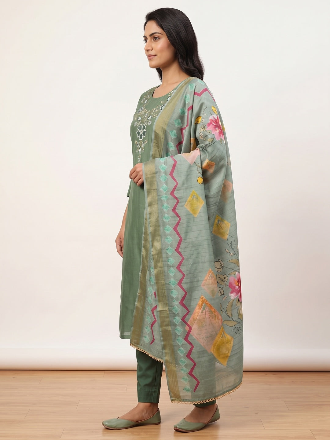 Green Embroidered Chanderi Silk Dress Material - Image 3