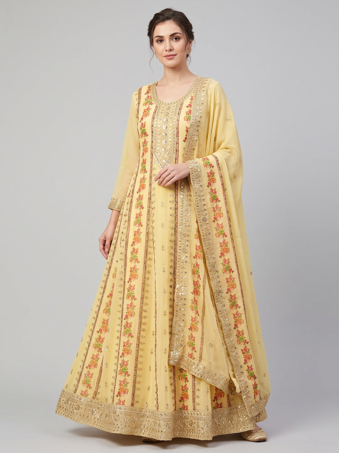 Yellow Floral Embroidered With Printed Georgette Dress Material - Image 1