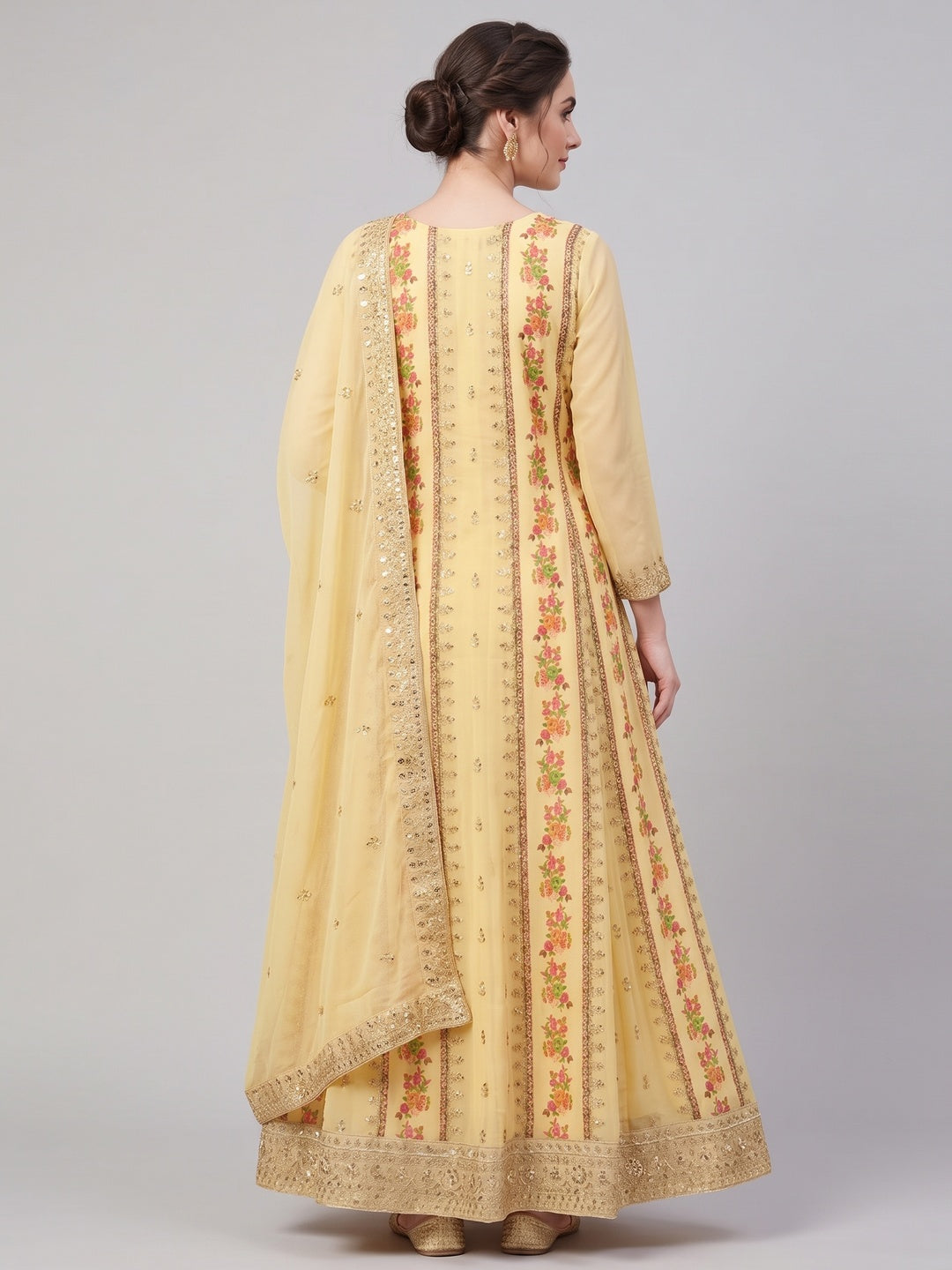 Yellow Floral Embroidered With Printed Georgette Dress Material - Image 2