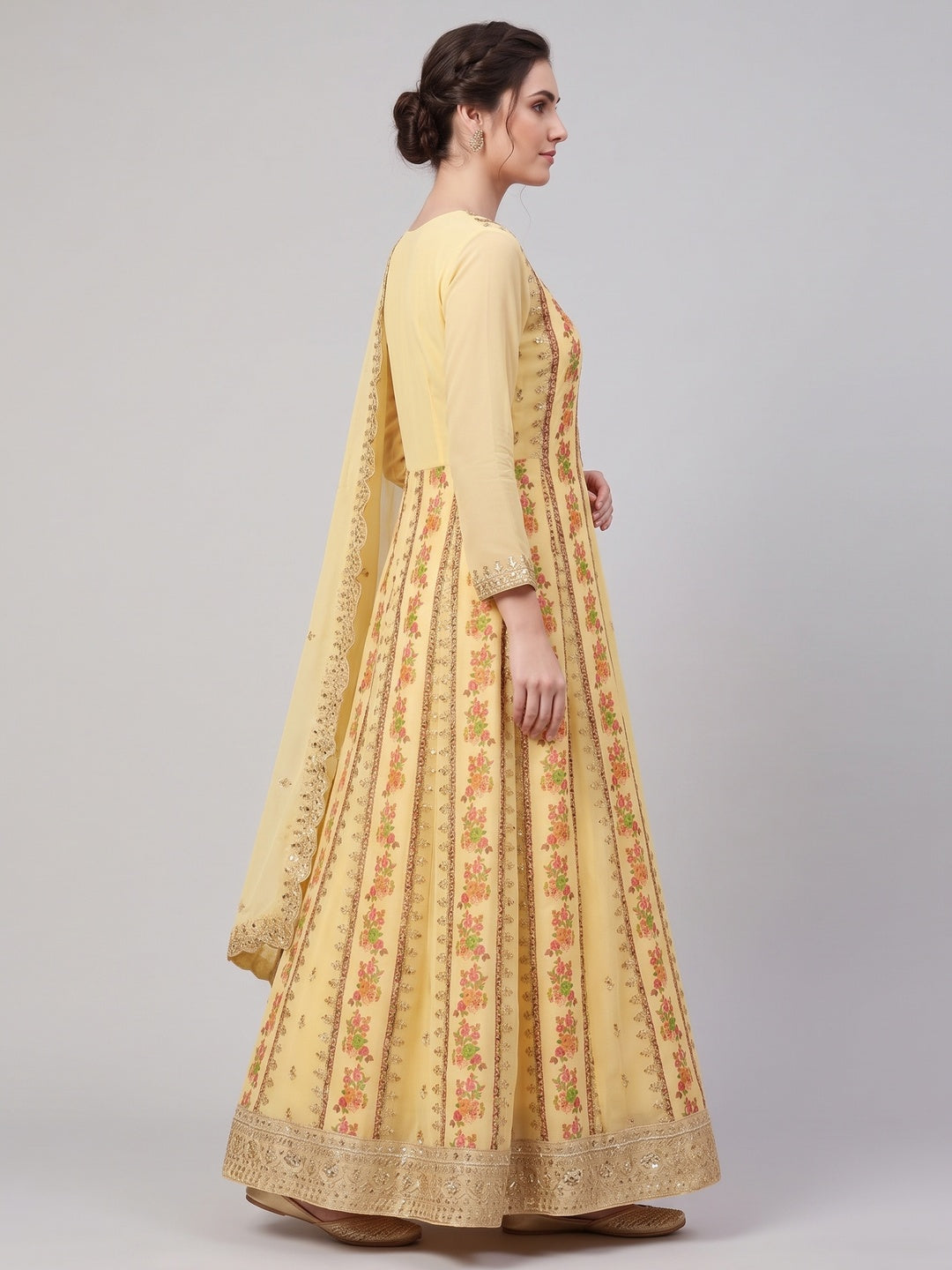 Yellow Floral Embroidered With Printed Georgette Dress Material - Image 3