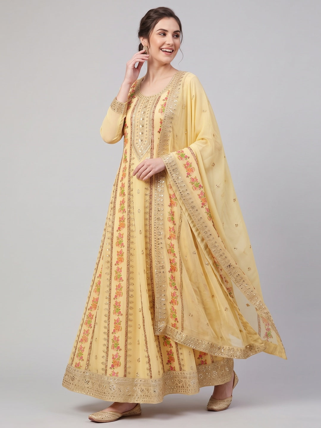 Yellow Floral Embroidered With Printed Georgette Dress Material - Image 4