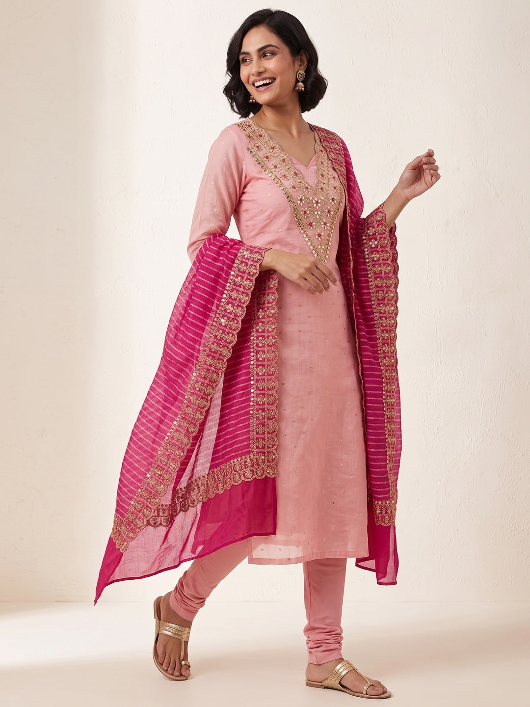 Pink Woven With Sequins Embroidery Chanderi Dress Material - Image 3