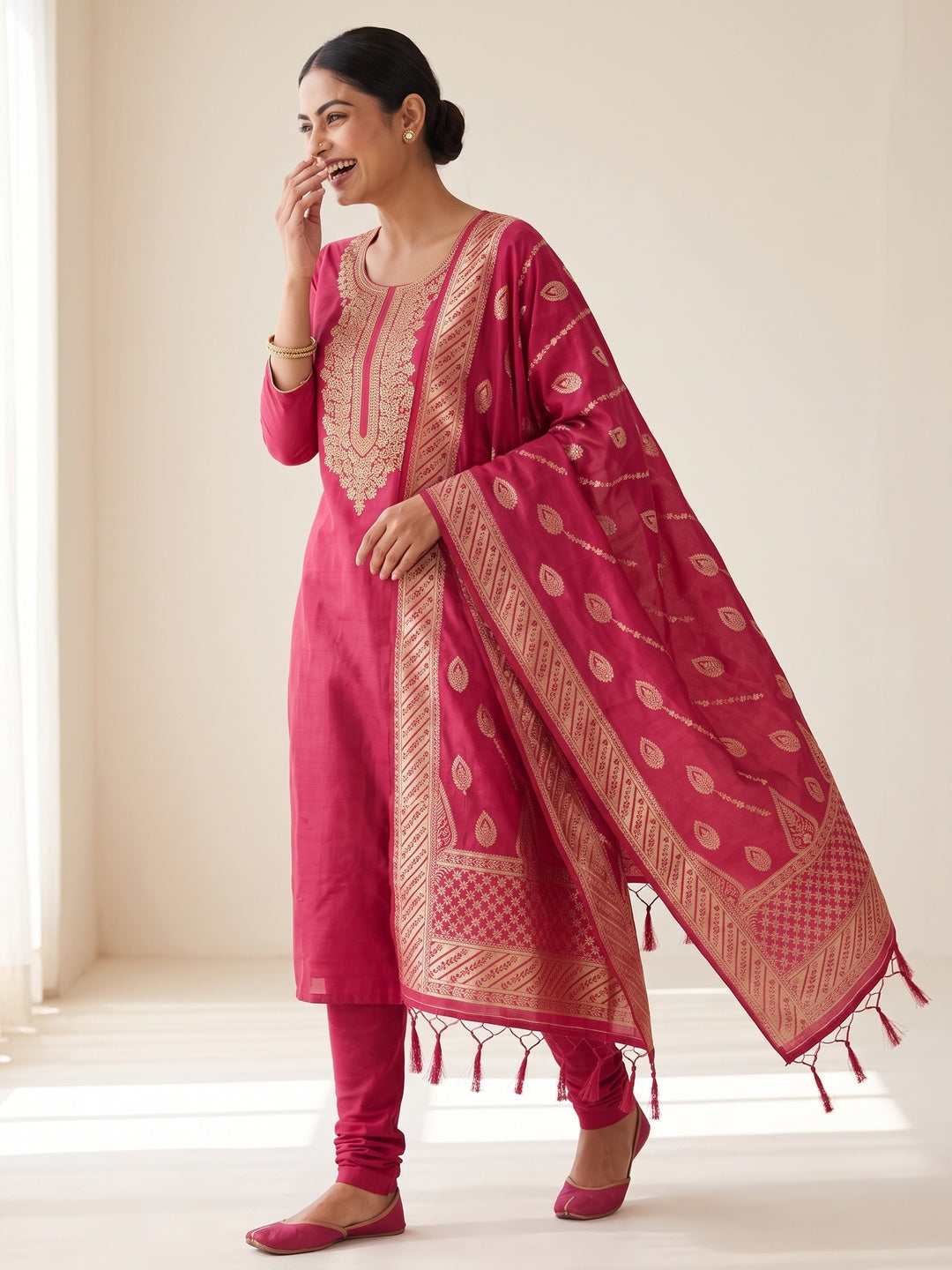 Pink Roman Chanderi Silk Dress Material With Elegant Floral & Cording Embroidery Work - Image 4