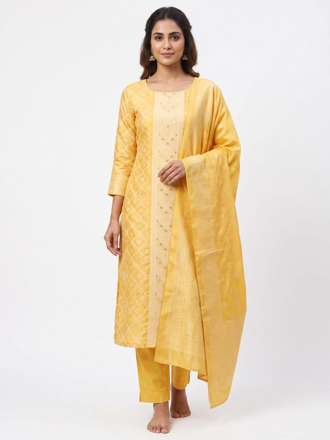 Banarasi Inspired Yellow Jacquard Fabric for Elegant Ensembles - Image 1