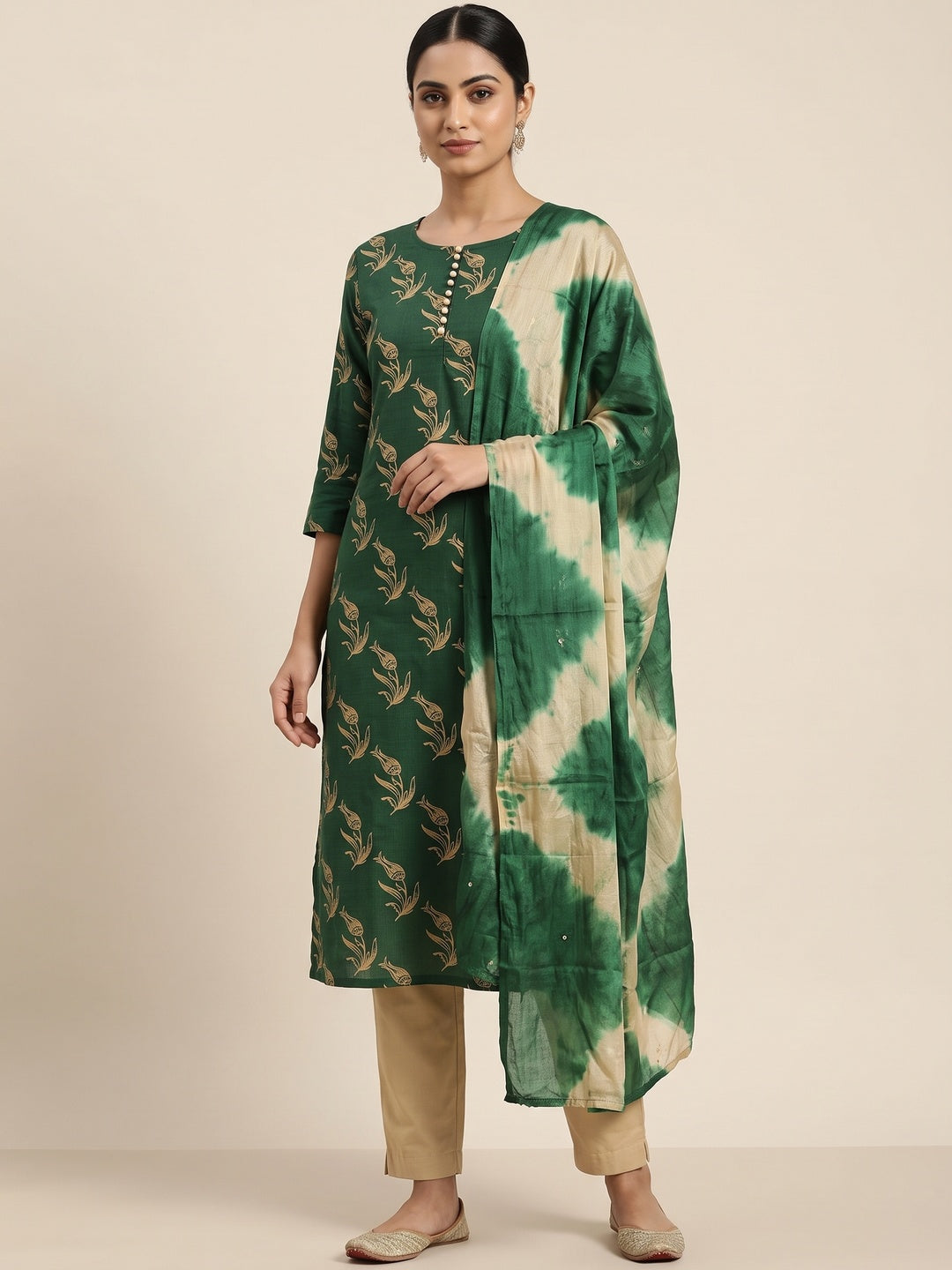 Green Floral Printed Slub Cotton Dress Material - Image 1