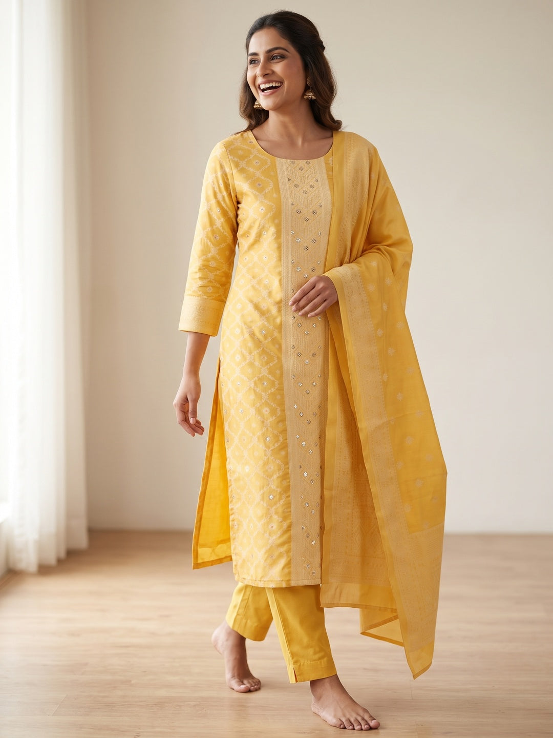Banarasi Inspired Yellow Jacquard Fabric for Elegant Ensembles - Image 3