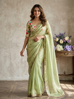 Peachmode Pista Green Two Tone Satin Saree - Image 1