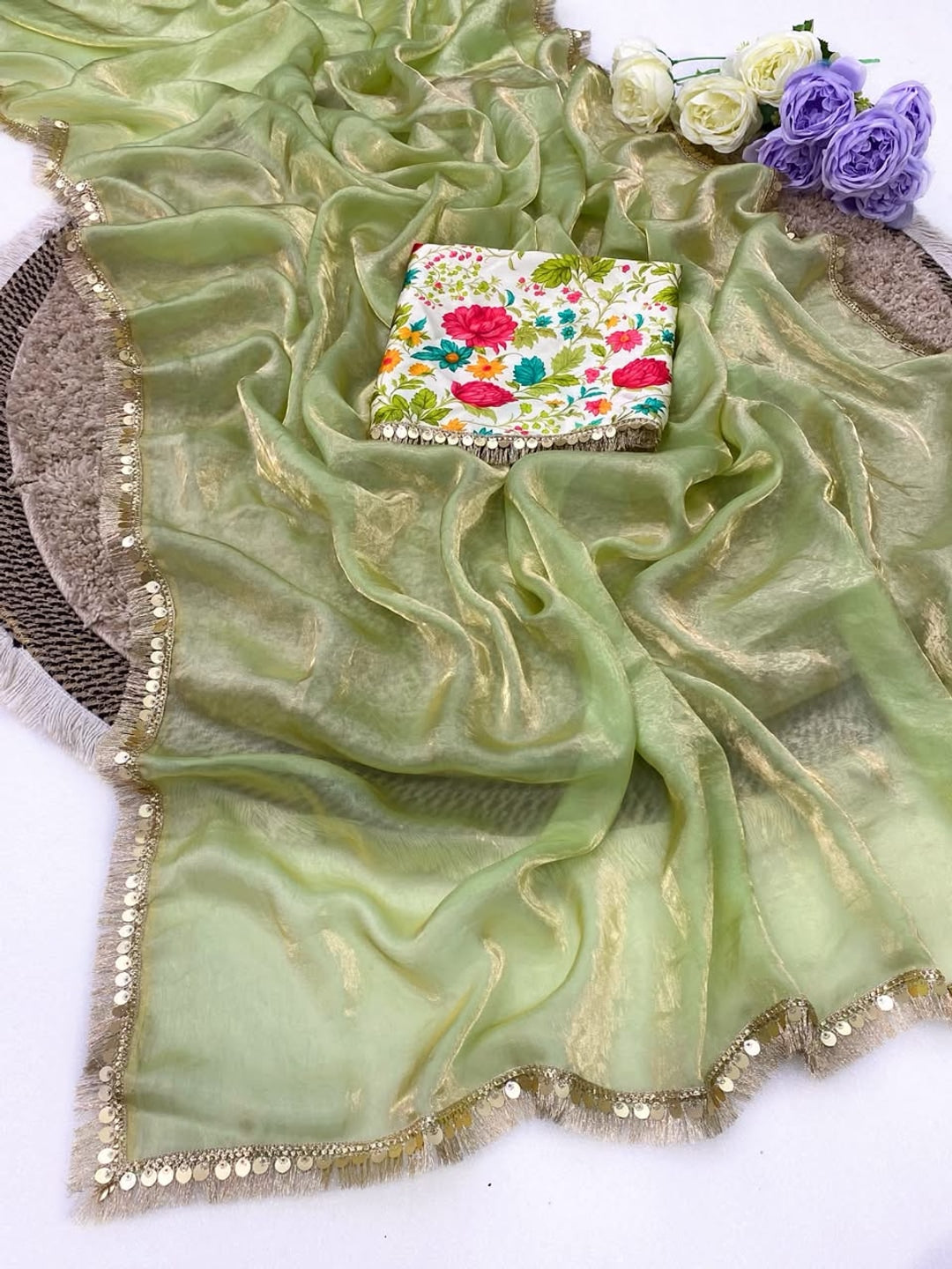 Peachmode Pista Green Two Tone Satin Saree - Image 2
