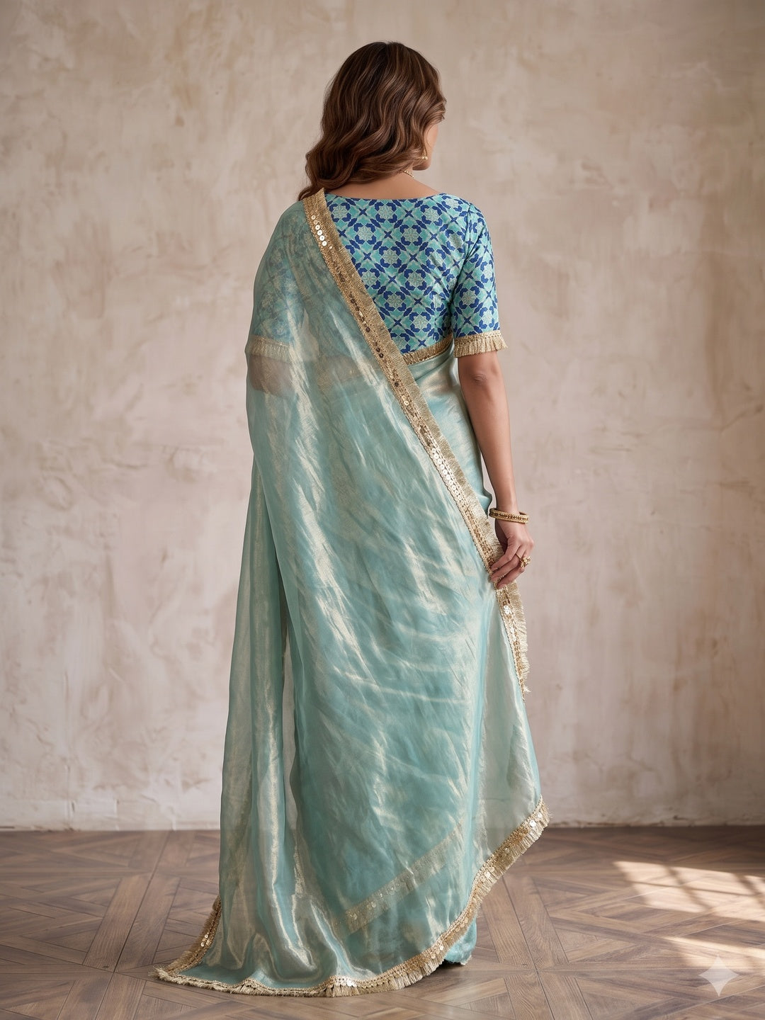 Peachmode Aqua Two Tone Satin Saree - Image 5